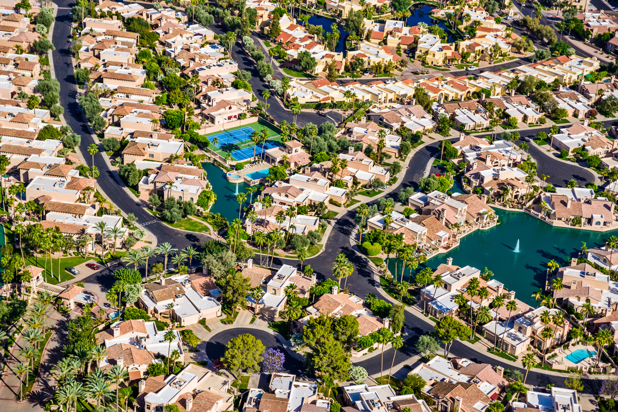 scottsdale phoenix arizona suburban housing development neighborhood aerial view